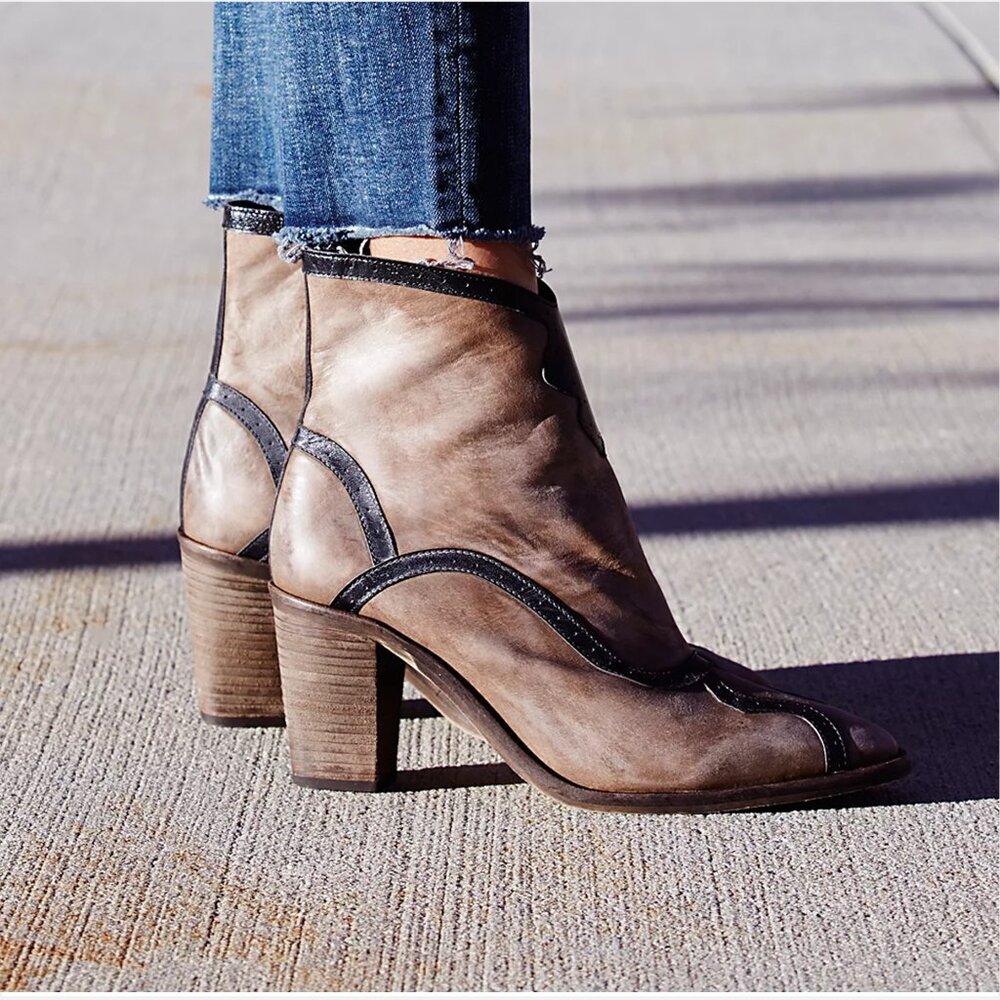 Free People Winding Road Khaki Genuine Leather Ankle Boots Women EU/ 38  US/7.5